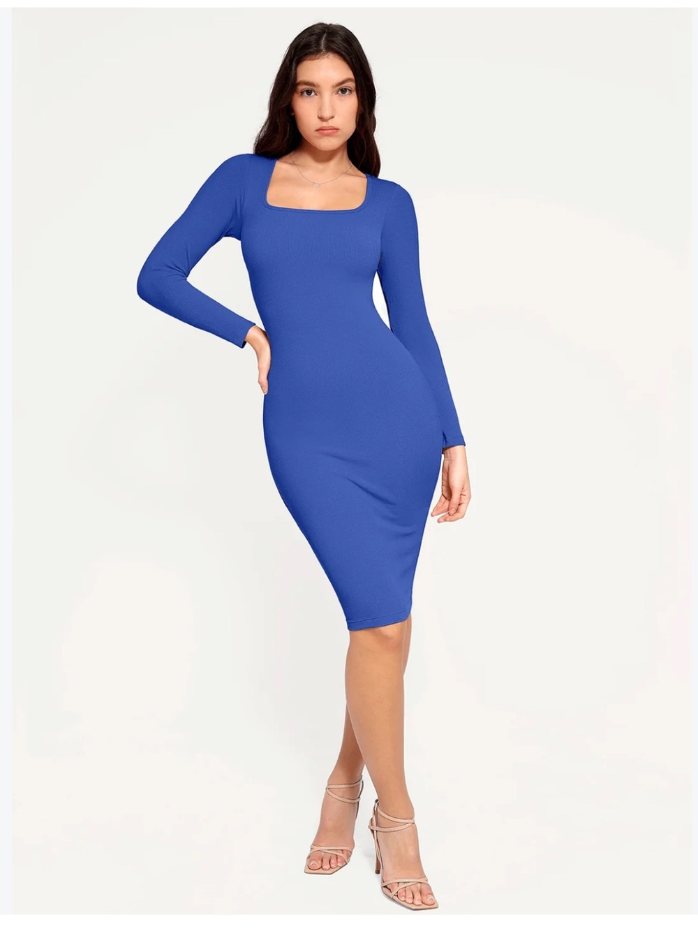 POPILUSH Shapewear Long Sleeve Square Neck Modal Slimming Midi Dress Blue XL